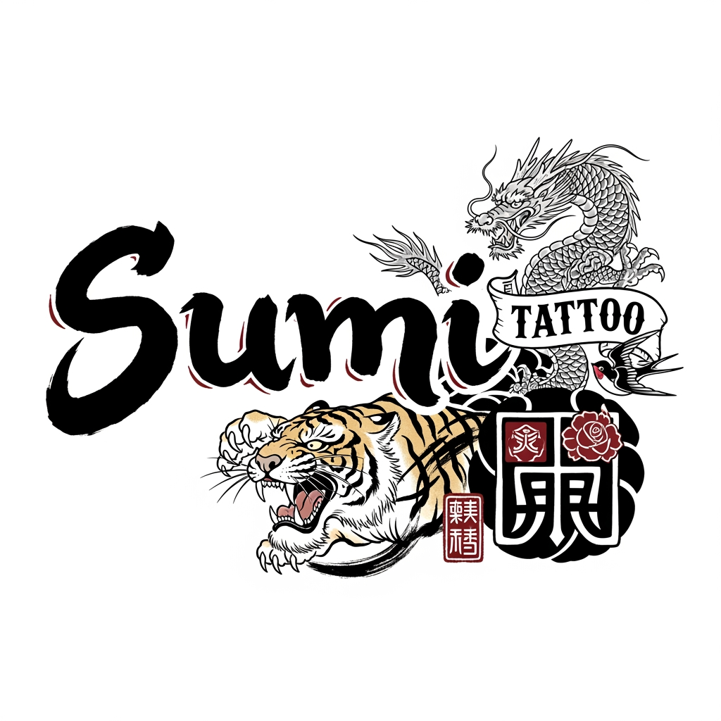 AI Design for FAÇA UMA LOGO PARA EMPRESA SUMI, ELES FAZEM TATTO , Tatuagem japonesa tradicional com respeito ao traço, à história e a cada corpo que a carrega. 
Preciso que tenha Sumi tattto(do lado e a logo do lado de Sumi, a plaavra tatto seja em uma tato masi old school e menor, que será apenas para sinalizar que é um studio de tatuagem. Use a criatividade