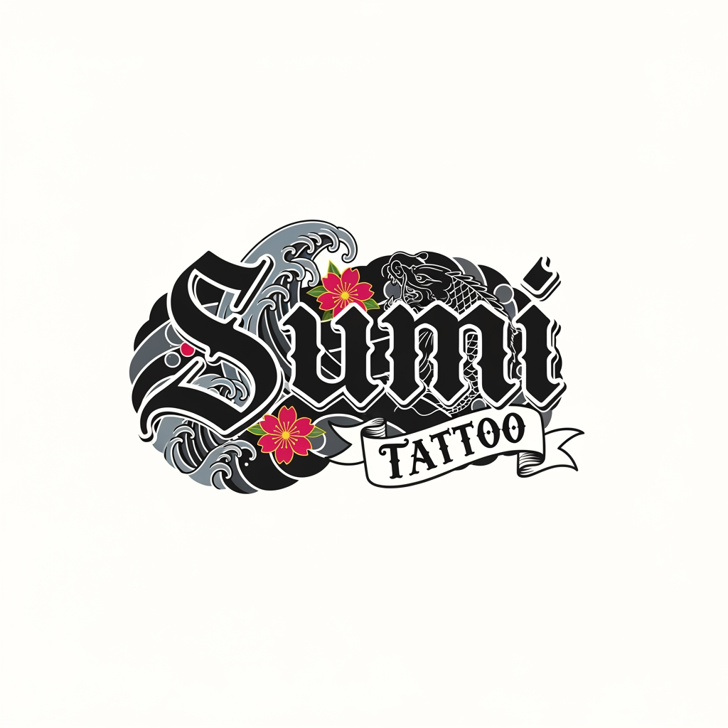 AI Design for FAÇA UMA LOGO PARA EMPRESA SUMI, ELES FAZEM TATTO , Tatuagem japonesa tradicional com respeito ao traço, à história e a cada corpo que a carrega. 
Preciso que tenha Sumi tattto(do lado e a logo do lado de Sumi, a plaavra tatto seja em uma tato masi old school e menor, que será apenas para sinalizar que é um studio de tatuagem. Use a criatividade