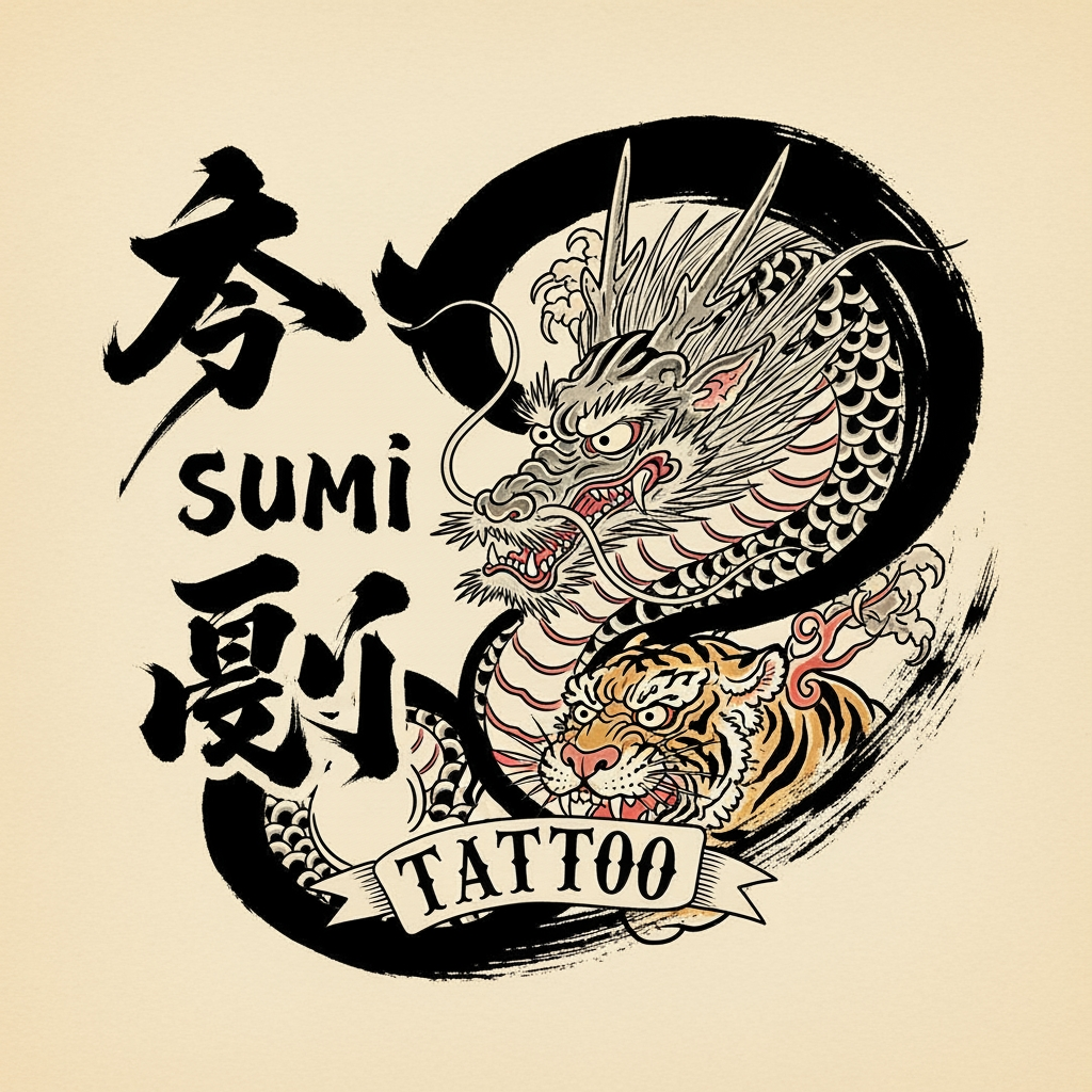 AI Design for FAÇA UMA LOGO PARA EMPRESA SUMI, ELES FAZEM TATTO , Tatuagem japonesa tradicional com respeito ao traço, à história e a cada corpo que a carrega. 
Preciso que tenha Sumi tattto(do lado e a logo do lado de Sumi, a plaavra tatto seja em uma tato masi old school e menor, que será apenas para sinalizar que é um studio de tatuagem. Use a criatividade