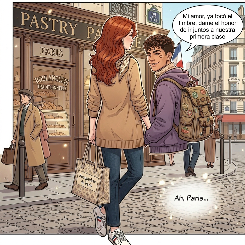 AI Design for ahora en el msimo fondo pon al chico que mire a la chcia pero la chica este de espaldas y se vea la imagen como al costado , que el chico dIga , Mi amor , ya toco el timbre , dame el honor de ir juntos a nuestra primera clase , ponlo con cara de enamorado