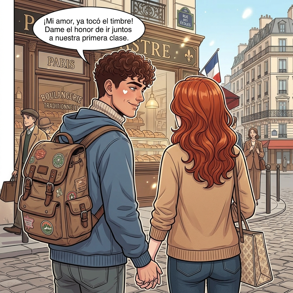 AI Design for ahora en el msimo fondo pon al chico que mire a la chcia pero la chica este de espaldas y se vea la imagen como al costado , que el chico dIga , Mi amor , ya toco el timbre , dame el honor de ir juntos a nuestra primera clase , ponlo con cara de enamorado , quitale los dos panes , que no tengas panes y que se agarren de la mano que sigan en los pasillos de la uni