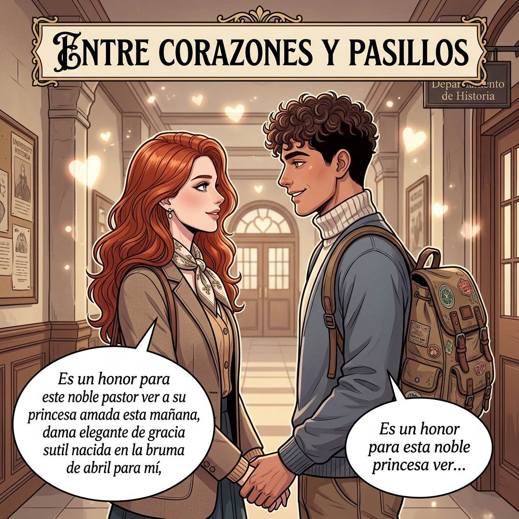 AI Design for PON A ESTOS DOS PERSONAJES FRENTE A FRENTE Y QUE LA IMAGEN SE VEA LOS DOS DE COSTADO AGARRANDOSE LAS MENOS UNO AL OTRO . el chico le dice Es un honor para este noble pastor ver a su princesa amada esta mañana , dama elegante de gracia sutil nacida en la bruma de abril para mi, la chica le dice Es un honor para esta noble princesa ver TODO ESTILOO MANWHA pero estan en el pasillo de una universidad