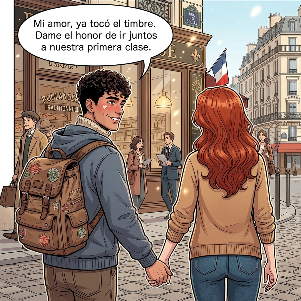 AI Design for ahora en el msimo fondo pon al chico que mire a la chcia pero la chica este de espaldas y se vea la imagen como al costado , que el chico dIga , Mi amor , ya toco el timbre , dame el honor de ir juntos a nuestra primera clase , ponlo con cara de enamorado , quitale los dos panes , que no tengas panes y que se agarren de la mano que sigan en los pasillos de la uni