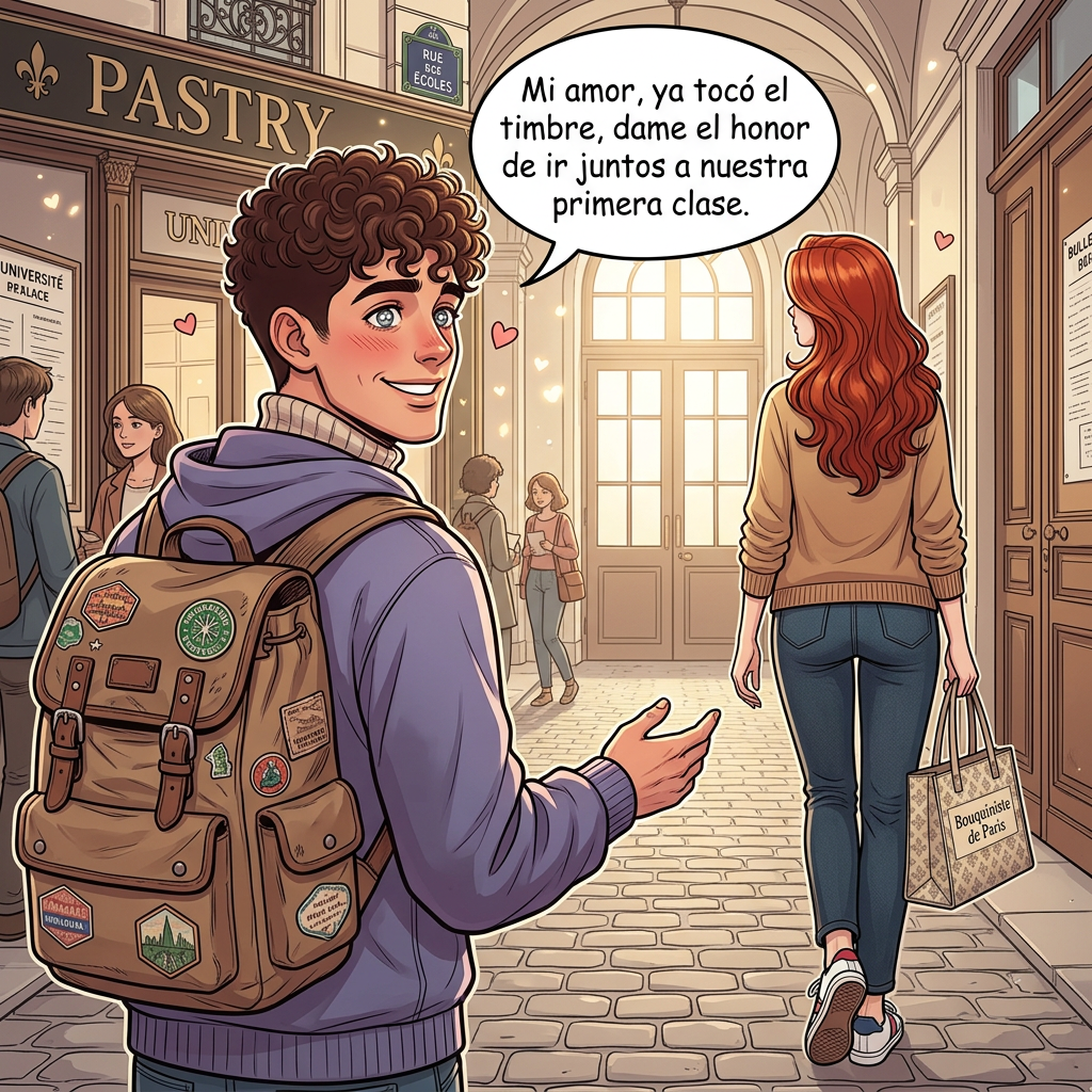 AI Design for ahora en el msimo fondo pon al chico que mire a la chcia pero la chica este de espaldas y se vea la imagen como al costado , que el chico dIga , Mi amor , ya toco el timbre , dame el honor de ir juntos a nuestra primera clase , ponlo con cara de enamorado que sigan en los pasilloos de la uni, quitale el pan