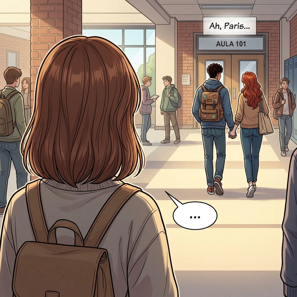 AI Design for los los chicos agarrados de la mano se van hacia su aula mientras desde lo lejos se ve una chica de cabello castaño miransolos a lo lejos de espaldas pero tipo ella se ve primero en la imagen y los dos protagonistas a lo lejos