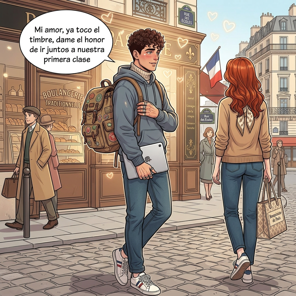 AI Design for ahora en el msimo fondo pon al chico que mire a la chcia pero la chica este de espaldas y se vea la imagen como al costado , que el chico dIga , Mi amor , ya toco el timbre , dame el honor de ir juntos a nuestra primera clase , ponlo con cara de enamorado