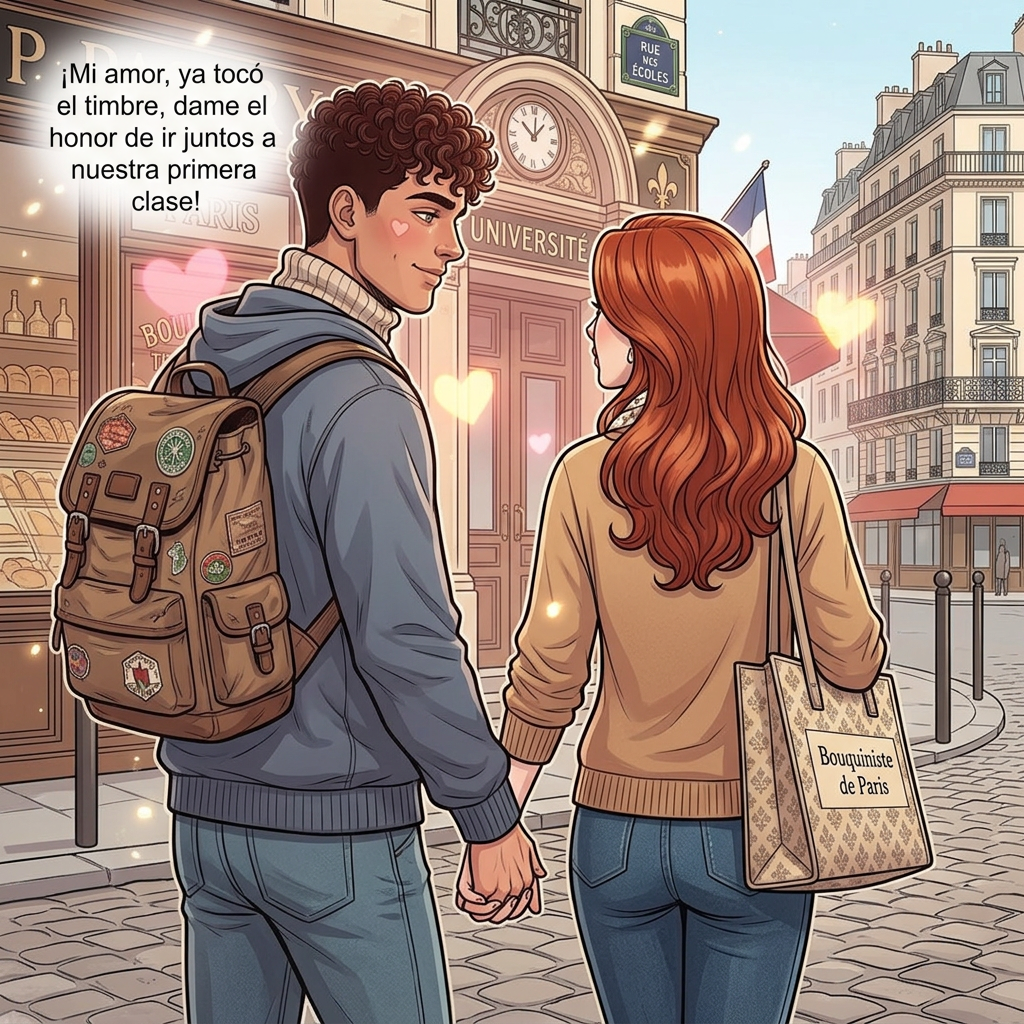 AI Design for ahora en el msimo fondo pon al chico que mire a la chcia pero la chica este de espaldas y se vea la imagen como al costado , que el chico dIga , Mi amor , ya toco el timbre , dame el honor de ir juntos a nuestra primera clase , ponlo con cara de enamorado que sigan en los pasilloos de la uni, quitale los dos panes , que no tengas panes y que se agarren de la mano
