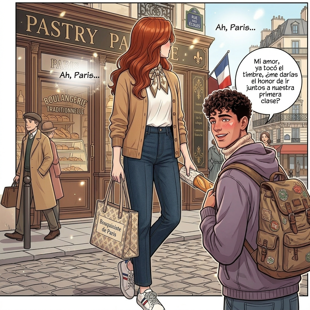AI Design for ahora en el msimo fondo pon al chico que mire a la chcia pero la chica este de espaldas y se vea la imagen como al costado , que el chico dIga , Mi amor , ya toco el timbre , dame el honor de ir juntos a nuestra primera clase , ponlo con cara de enamorado