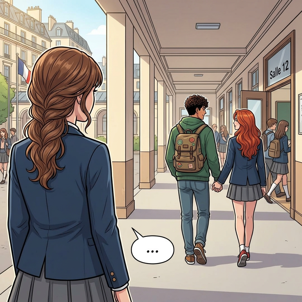 AI Design for los los chicos agarrados de la mano se van hacia su aula mientras desde lo lejos se ve una chica de cabello castaño miransolos a lo lejos de espaldas pero tipo ella se ve primero en la imagen y los dos protagonistas a lo lejos