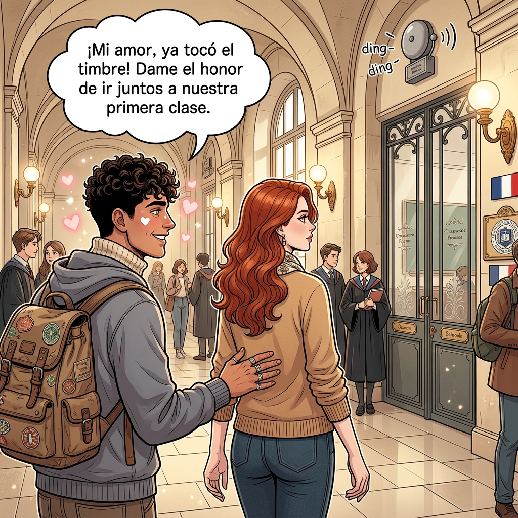 AI Design for ahora en el msimo fondo pon al chico que mire a la chcia pero la chica este de espaldas y se vea la imagen como al costado , que el chico dIga , Mi amor , ya toco el timbre , dame el honor de ir juntos a nuestra primera clase , ponlo con cara de enamorado , quitale los dos panes , que no tengas panes y que se agarren de la mano que sigan en los pasillos de la uni QUE ESTEN EN LA UNIVERSIDAD EN LOS PASILLOS