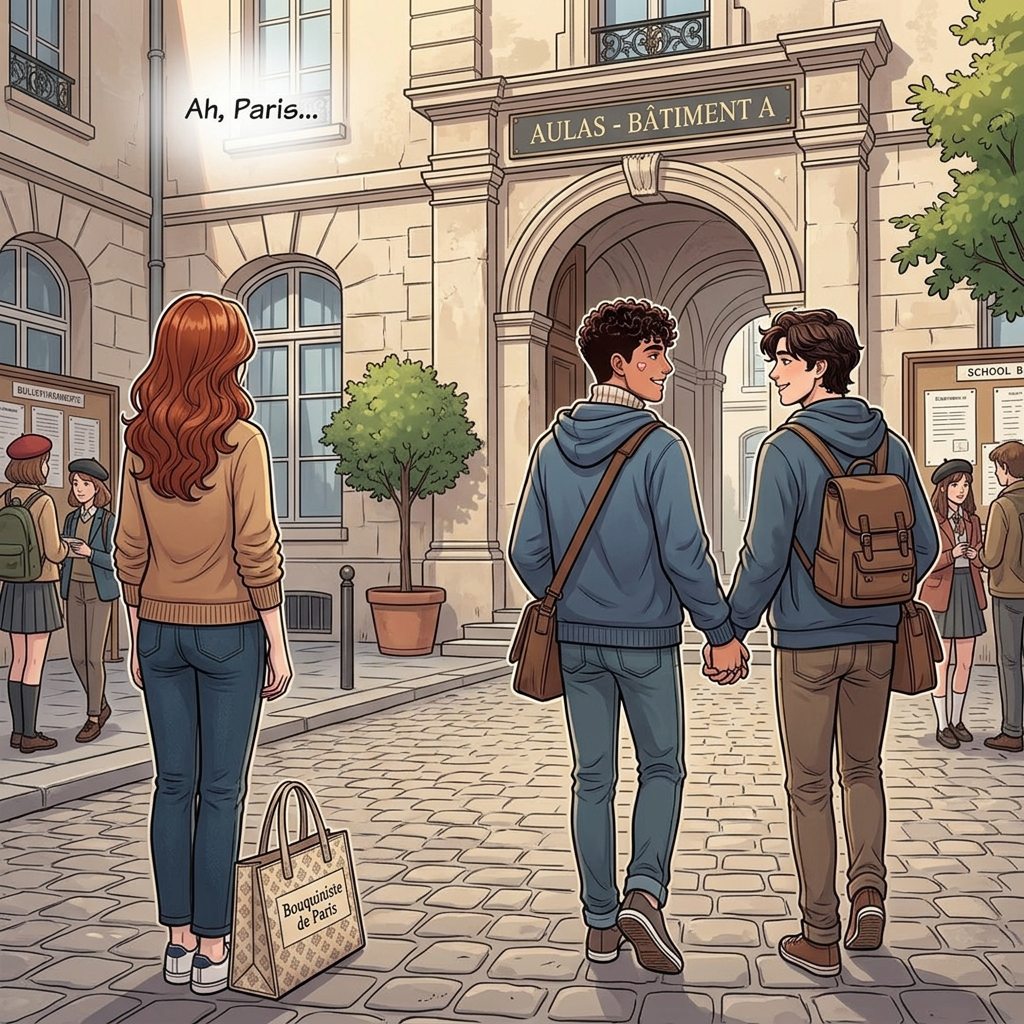 AI Design for los los chicos agarrados de la mano se van hacia su aula mientras desde lo lejos se ve una chica de cabello castaño miransolos a lo lejos de espaldas
