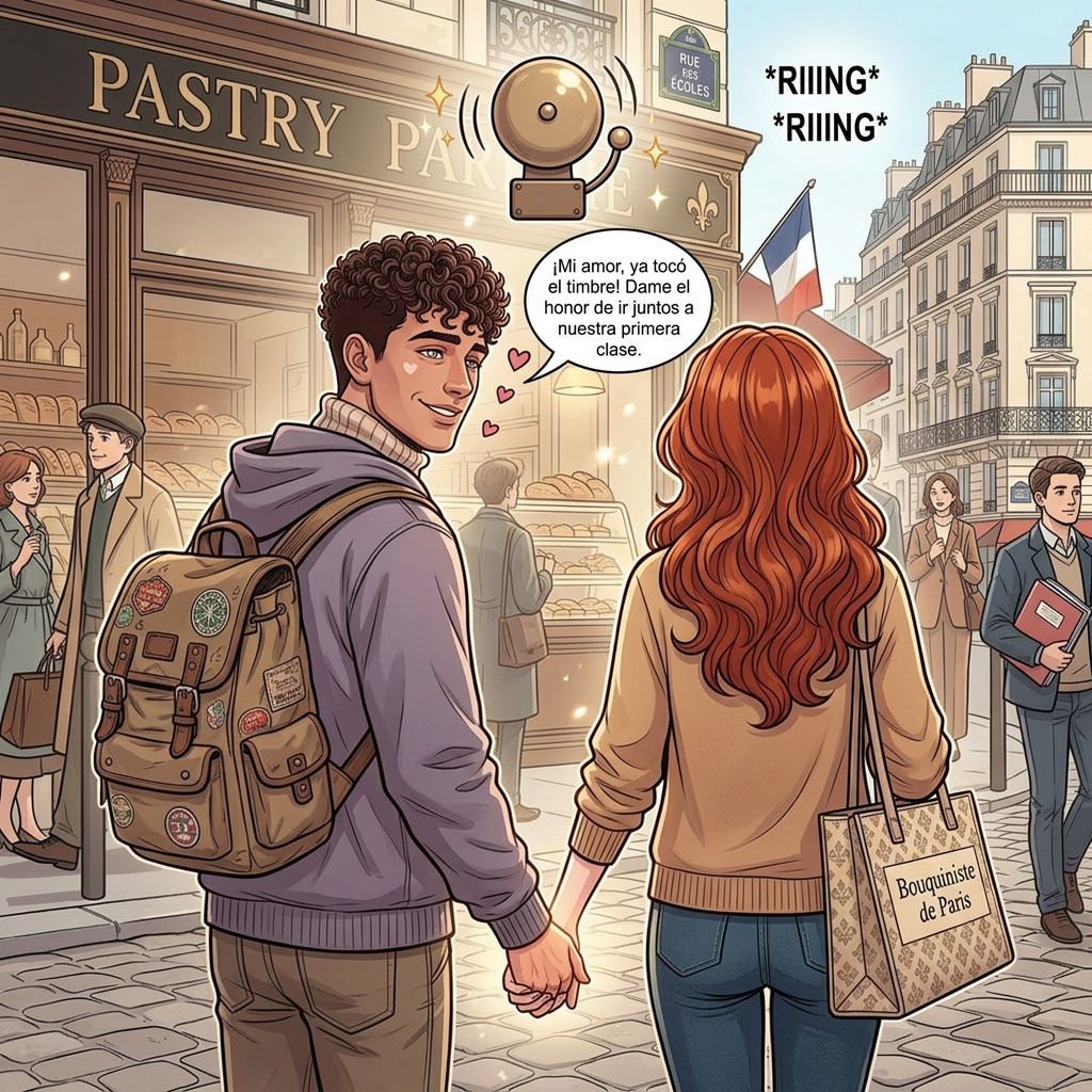 AI Design for ahora en el msimo fondo pon al chico que mire a la chcia pero la chica este de espaldas y se vea la imagen como al costado , que el chico dIga , Mi amor , ya toco el timbre , dame el honor de ir juntos a nuestra primera clase , ponlo con cara de enamorado , quitale los dos panes , que no tengas panes y que se agarren de la mano que sigan en los pasillos de la uni