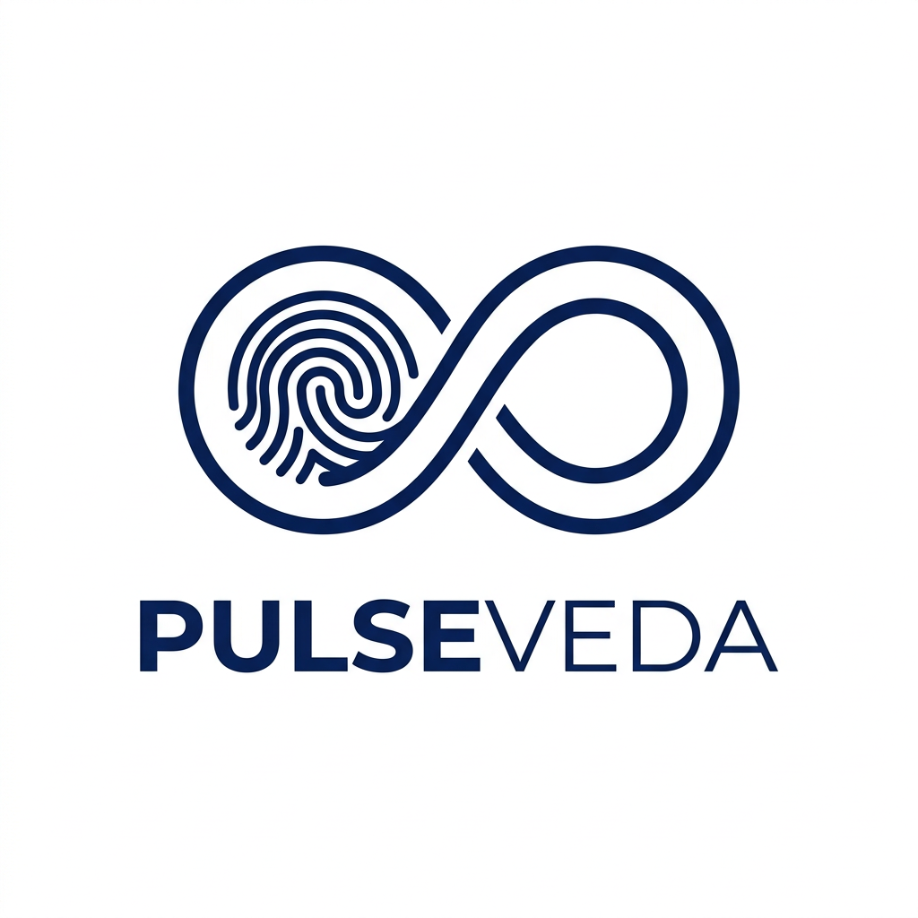 AI Design for Design a premium minimal logo for "PulseVeda".
ICON:
A clean infinity symbol (∞) where the LEFT loop interior
contains a fingerprint whorl pattern — integrated smoothly,
not pasted inside a circle. NO separate circle border around
the fingerprint. The fingerprint lines should follow the
natural curve of the infinity loop itself.
The RIGHT loop should be completely EMPTY — clean negative
space only. No dot, no eye, no ECG wave added.
The entire icon = ONE continuous monoline stroke.
Uniform line weight throughout — no thick/thin variation.
STRICTLY NO:
- No separate circle frames
- No ECG/heartbeat wave
- No dot or eye shape on right side
- No gold border rings
- No dual outlines
COLORS:
- Single color: Deep Navy #0A1F5C only
- White background
TYPOGRAPHY:
- PULSE bold, VEDA regular weight
- Wide letter spacing on VEDA
- Clean modern font, centered below icon
Style: luxury, minimal, flat vector, single color icon