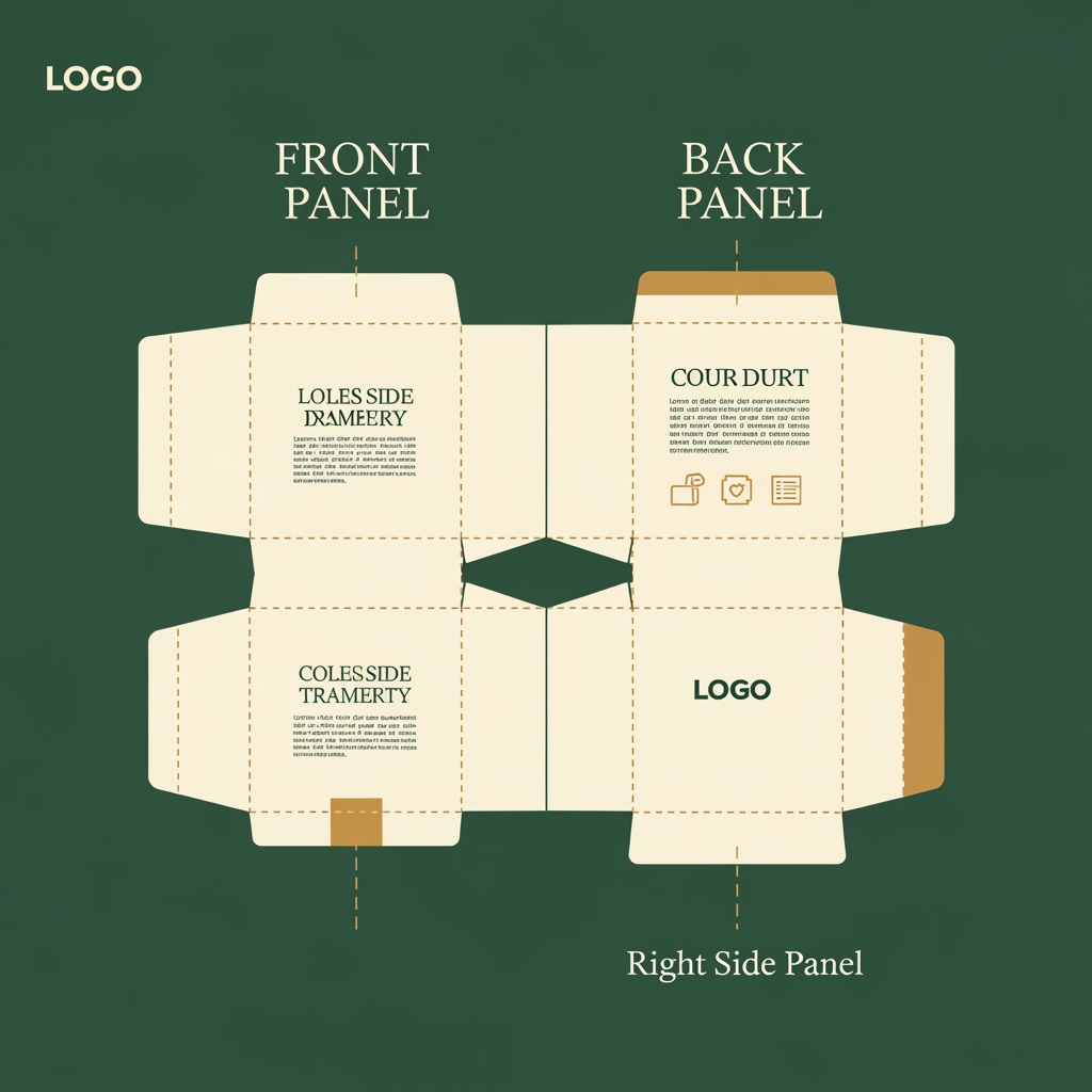AI Design for "Create a flat, vector-style product packaging box mockup (not photorealistic, no glossy lighting or 3D render effects) for an Ayurvedic health-tech brand called 'PulseVeda'. Show all 4 sides of the box laid out as a die-cut unfolded template: Front Panel, Back Panel, Left Side Panel, Right Side Panel — each clearly separated with thin fold lines.
Color palette: deep forest green, ivory/cream, and muted gold accents only — premium, minimal, elegant, no gradients, no shiny reflections, no complex lighting effects. Flat solid colors and simple fine-line gold botanical accents only.
Front Panel: Brand logo 'PulseVeda' (a stylized letter P with a heartbeat pulse line inside, gold and green colors) centered at top, tagline below it in clean serif font: 'Ancient Wisdom. Modern Precision.' Below that, a simple flat vector illustration of the product device (not a photo) placed on a minimal circular stone base icon.
Back Panel: Short product description text, four small flat line icons in a row (heartbeat icon for Accuracy, document icon for Detailed Reports, bar chart icon for Trend Analysis, people icon for Client Management), each with a one-word label beneath.
Left Side Panel: Brand name 'PulseVeda' written vertically in bold serif font on a solid dark green background with a thin gold border line.
Right Side Panel: A small QR code placeholder square, plus two flat badge icons ('Ayurvedic Inspired' and 'AI Powered') stacked below it.
Overall style: minimalist premium packaging design, corporate wellness aesthetic, flat design, clean geometric shapes, easy to recreate in vector software, no photographic textures, no realistic shadows, no glossy highlights, high contrast, print-ready appearance."