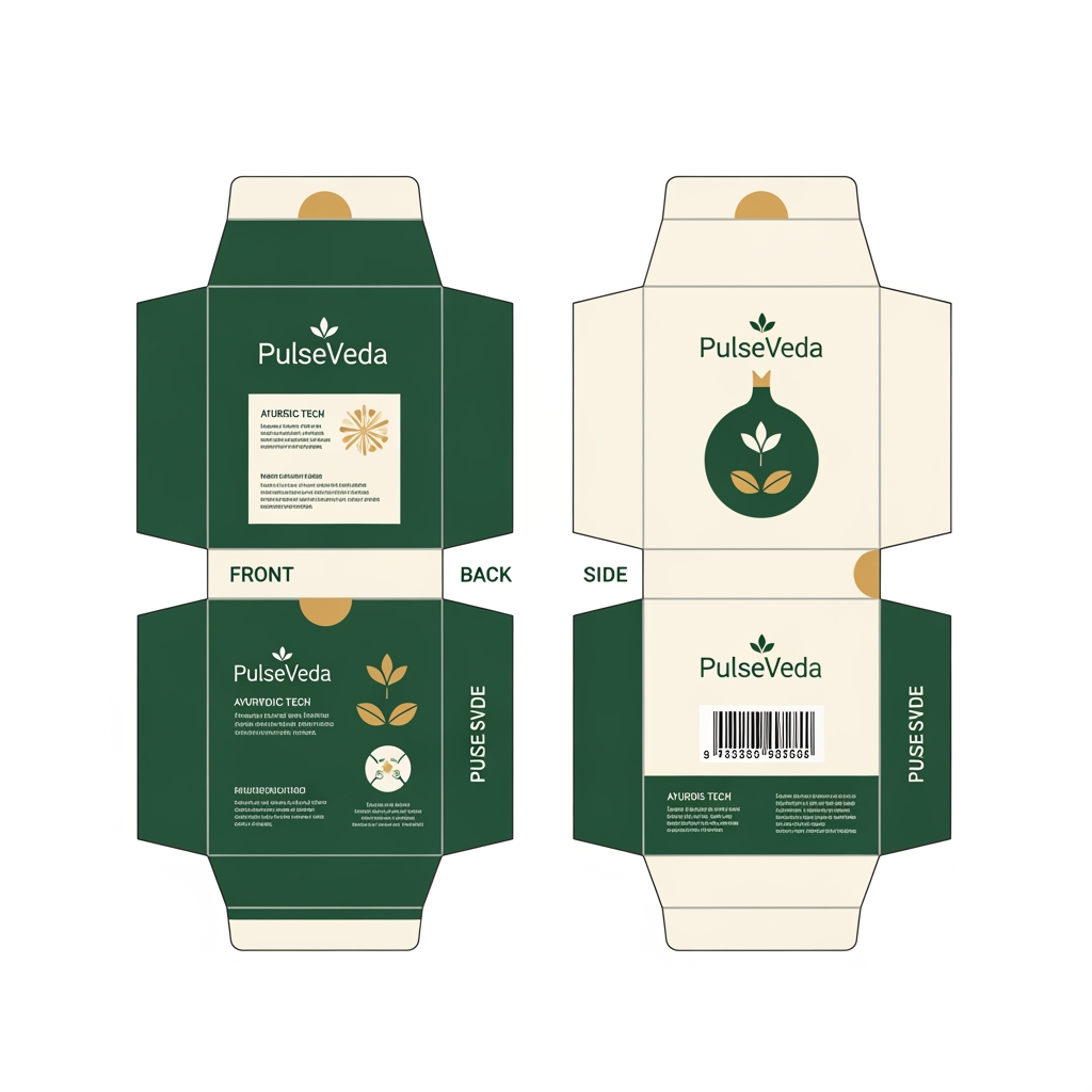 AI Design for "Create a flat, vector-style product packaging box mockup (not photorealistic, no glossy lighting or 3D render effects) for an Ayurvedic health-tech brand called 'PulseVeda'. Show all 4 sides of the box laid out as a die-cut unfolded template: Front Panel, Back Panel, Left Side Panel, Right Side Panel — each clearly separated with thin fold lines.
Color palette: deep forest green, ivory/cream, and muted gold accents only — premium, minimal, elegant, no gradients, no shiny reflections, no complex lighting effects. Flat solid colors and simple fine-line gold botanical accents only.
Front Panel: Brand logo 'PulseVeda' (a stylized letter P with a heartbeat pulse line inside, gold and green colors) centered at top, tagline below it in clean serif font: 'Ancient Wisdom. Modern Precision.' Below that, a simple flat vector illustration of the product device (not a photo) placed on a minimal circular stone base icon.
Back Panel: Short product description text, four small flat line icons in a row (heartbeat icon for Accuracy, document icon for Detailed Reports, bar chart icon for Trend Analysis, people icon for Client Management), each with a one-word label beneath.
Left Side Panel: Brand name 'PulseVeda' written vertically in bold serif font on a solid dark green background with a thin gold border line.
Right Side Panel: A small QR code placeholder square, plus two flat badge icons ('Ayurvedic Inspired' and 'AI Powered') stacked below it.
Overall style: minimalist premium packaging design, corporate wellness aesthetic, flat design, clean geometric shapes, easy to recreate in vector software, no photographic textures, no realistic shadows, no glossy highlights, high contrast, print-ready appearance."