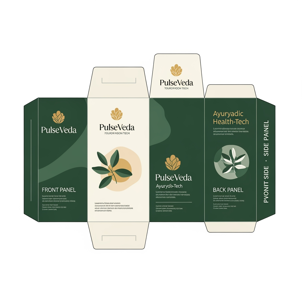 AI Design for "Create a flat, vector-style product packaging box mockup (not photorealistic, no glossy lighting or 3D render effects) for an Ayurvedic health-tech brand called 'PulseVeda'. Show all 4 sides of the box laid out as a die-cut unfolded template: Front Panel, Back Panel, Left Side Panel, Right Side Panel — each clearly separated with thin fold lines.
Color palette: deep forest green, ivory/cream, and muted gold accents only — premium, minimal, elegant, no gradients, no shiny reflections, no complex lighting effects. Flat solid colors and simple fine-line gold botanical accents only.
Front Panel: Brand logo 'PulseVeda' (a stylized letter P with a heartbeat pulse line inside, gold and green colors) centered at top, tagline below it in clean serif font: 'Ancient Wisdom. Modern Precision.' Below that, a simple flat vector illustration of the product device (not a photo) placed on a minimal circular stone base icon.
Back Panel: Short product description text, four small flat line icons in a row (heartbeat icon for Accuracy, document icon for Detailed Reports, bar chart icon for Trend Analysis, people icon for Client Management), each with a one-word label beneath.
Left Side Panel: Brand name 'PulseVeda' written vertically in bold serif font on a solid dark green background with a thin gold border line.
Right Side Panel: A small QR code placeholder square, plus two flat badge icons ('Ayurvedic Inspired' and 'AI Powered') stacked below it.
Overall style: minimalist premium packaging design, corporate wellness aesthetic, flat design, clean geometric shapes, easy to recreate in vector software, no photographic textures, no realistic shadows, no glossy highlights, high contrast, print-ready appearance."