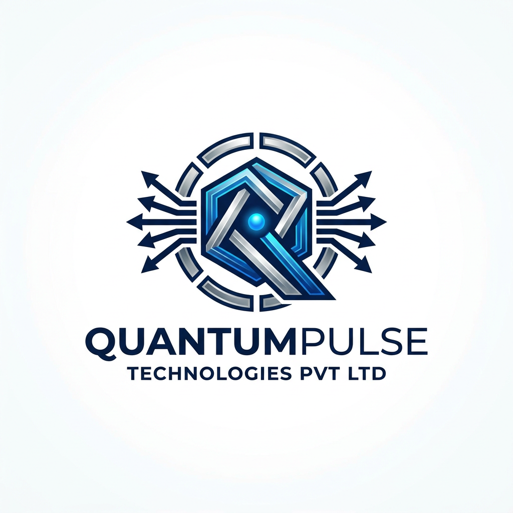 AI Design for A modern, minimalist logo design for a tech company named Quantumpulse technologies pvt ltd. The design should feature an abstract geometric icon representing energy, data streams, and quantum mechanics, using a sleek color palette of deep navy, electric blue, and silver. Clean typography with a professional, futuristic sans-serif font, set against a pristine white background to emphasize precision and innovation.