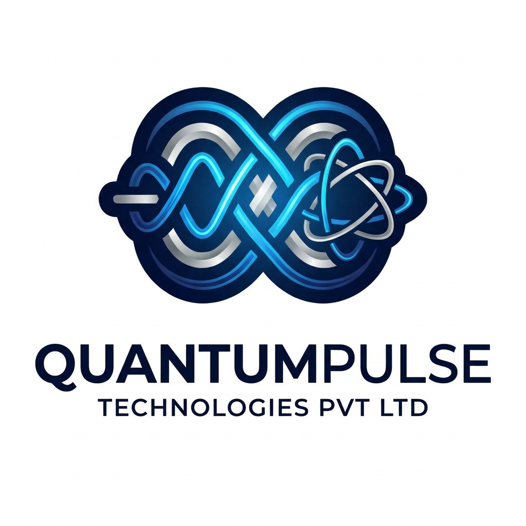 AI Design for A modern, minimalist logo design for a tech company named Quantumpulse technologies pvt ltd. The design should feature an abstract geometric icon representing energy, data streams, and quantum mechanics, using a sleek color palette of deep navy, electric blue, and silver. Clean typography with a professional, futuristic sans-serif font, set against a pristine white background to emphasize precision and innovation.