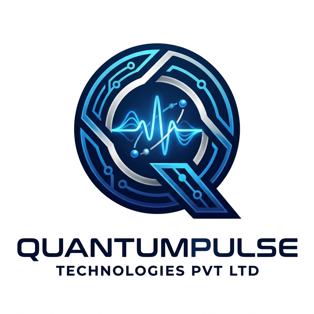 AI Design for A modern, minimalist logo design for a tech company named Quantumpulse technologies pvt ltd. The design should feature an abstract geometric icon representing energy, data streams, and quantum mechanics, using a sleek color palette of deep navy, electric blue, and silver. Clean typography with a professional, futuristic sans-serif font, set against a pristine white background to emphasize precision and innovation.