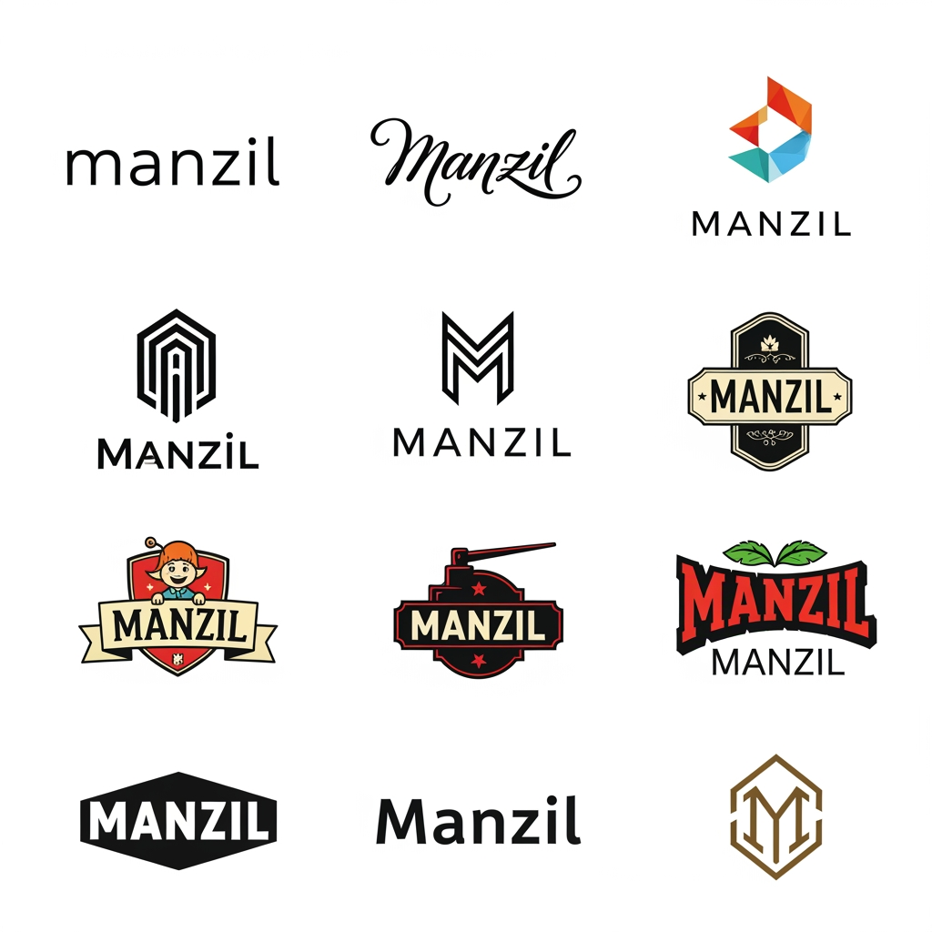 AI Design for generate logo for Manzil iiin 10 different styles only logo