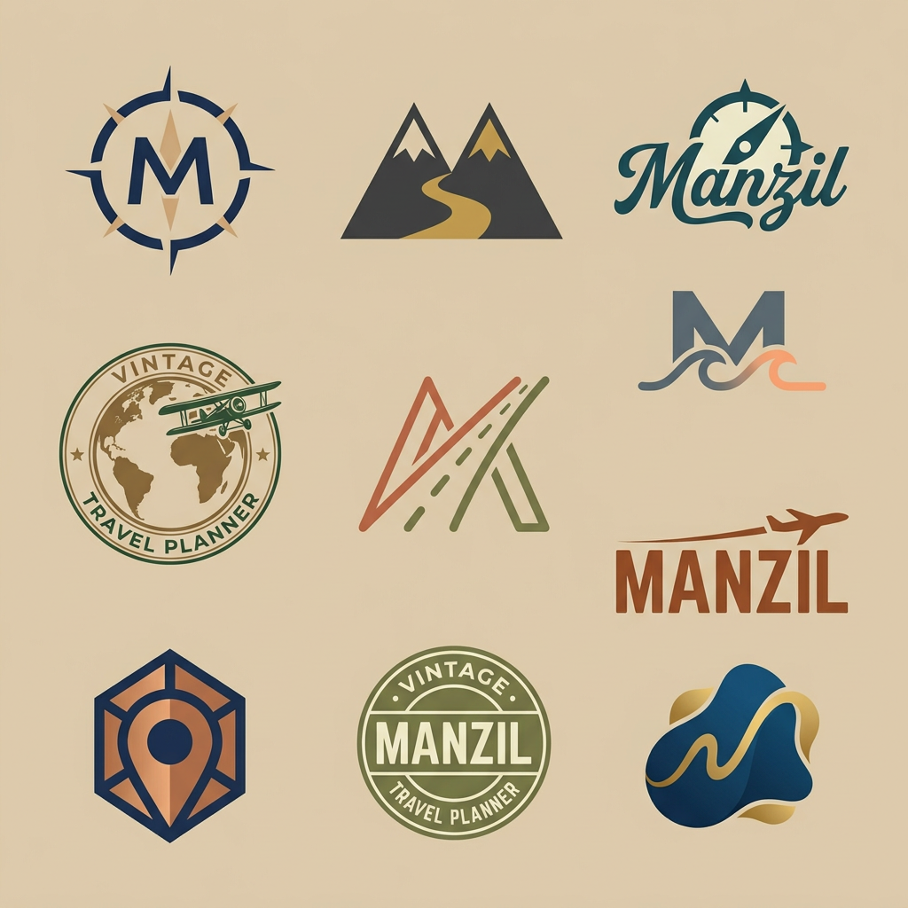 AI Design for A collection of 10 distinct professional logo designs for 'Manzil'(travel planner), showcasing a variety of styles including minimalist, geometric, typographic, vintage, and modern abstract. Each logo should feature clean lines, balanced composition, and a sophisticated color palette, presented as isolated vector-style icons on a solid neutral background.