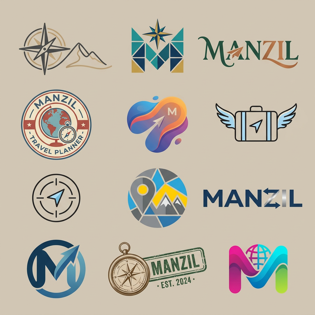 AI Design for A collection of 10 distinct professional logo designs for 'Manzil'(travel planner), showcasing a variety of styles including minimalist, geometric, typographic, vintage, and modern abstract. Each logo should feature clean lines, balanced composition, and a sophisticated color palette, presented as isolated vector-style icons on a solid neutral background.
