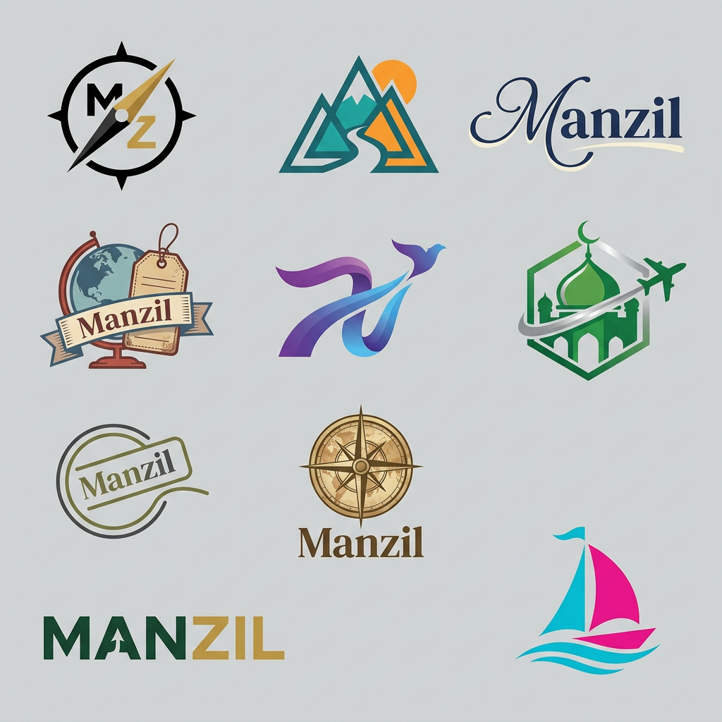 AI Design for A collection of 10 distinct professional logo designs for 'Manzil'(travel planner), showcasing a variety of styles including minimalist, geometric, typographic, vintage, and modern abstract. Each logo should feature clean lines, balanced composition, and a sophisticated color palette, presented as isolated vector-style icons on a solid neutral background.