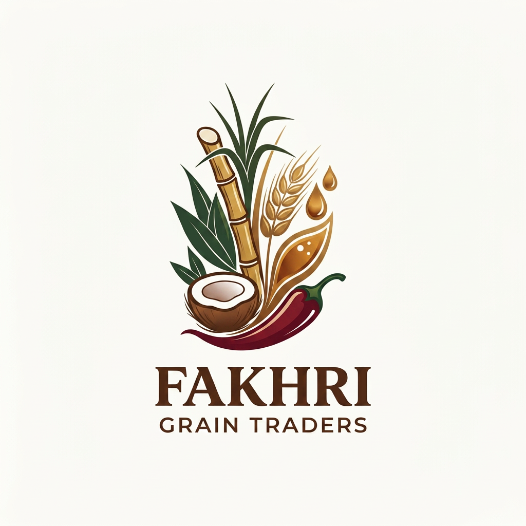 AI Design for Design a logo for me. Business name : "Fakhri Grain Traders ". We are wholesale distributor of different types of oil , jaggery , sugar, red chilli and coconut.