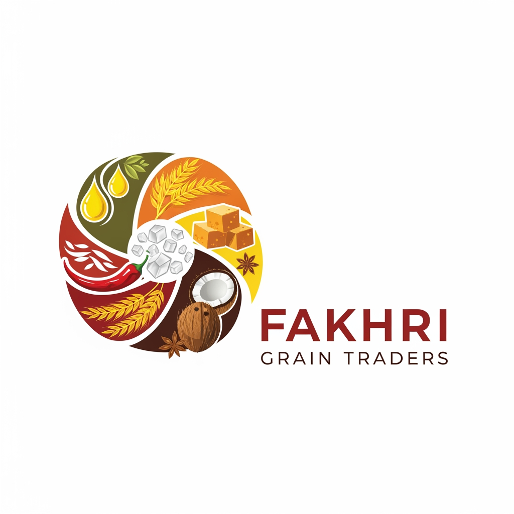 AI Design for Design a logo for me. Business name : "Fakhri Grain Traders ". We are wholesale distributor of different types of oil , jaggery , sugar, red chilli and coconut.