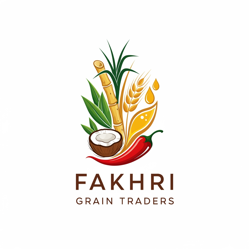 AI Design for Design a logo for me. Business name : "Fakhri Grain Traders ". We are wholesale distributor of different types of oil , jaggery , sugar, red chilli and coconut.