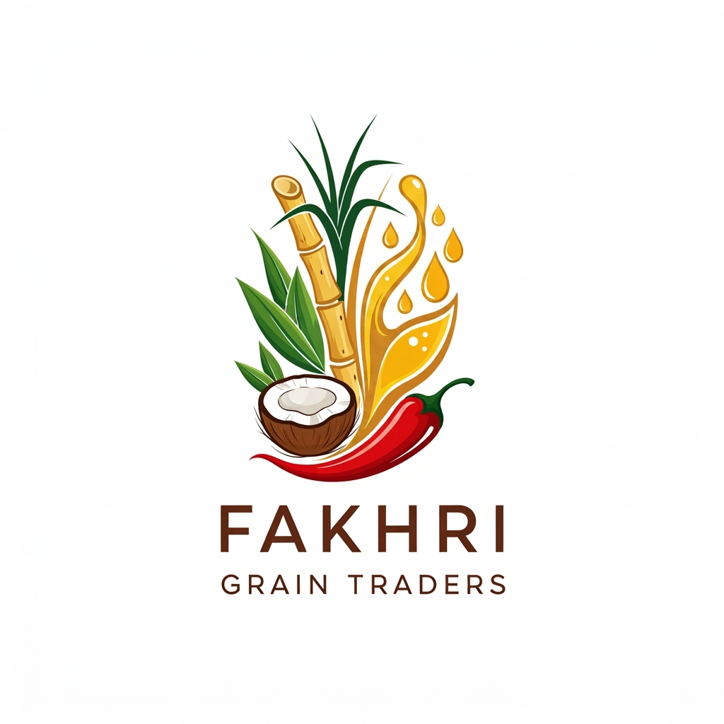 AI Design for Design a logo for me. Business name : "Fakhri Grain Traders ". We are wholesale distributor of different types of oil , jaggery , sugar, red chilli and coconut. Don't include the image of grains .