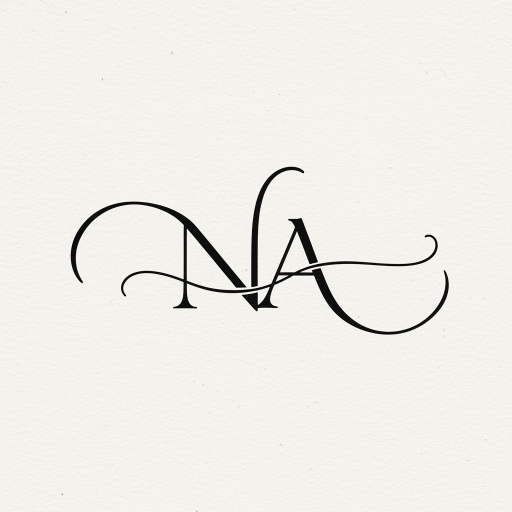 AI Design for "Elegant, fluid monogram of letters 'NA', continuous fine-line calligraphy, sophisticated hand-lettered style, subtle ink-pen texture, delicate and graceful, minimalist artisan branding. High-end, timeless, charcoal ink on a textured off-white paper background, professional logo design."
