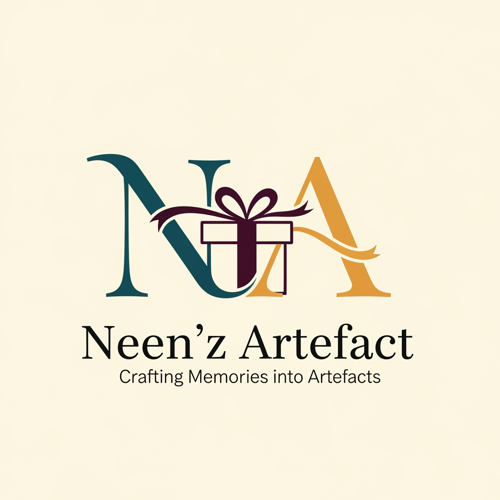 AI Design for act as a logo deign expert generate a monogram logo with combination of letter N, A , Giftbox . logo for the brand "Neen'z Artefact" with the tagline "Crafting Memories into Artefacts". The logo should represent: handmade creativity, personalized gifts, emotions, memories, craftsmanship, and artistic details