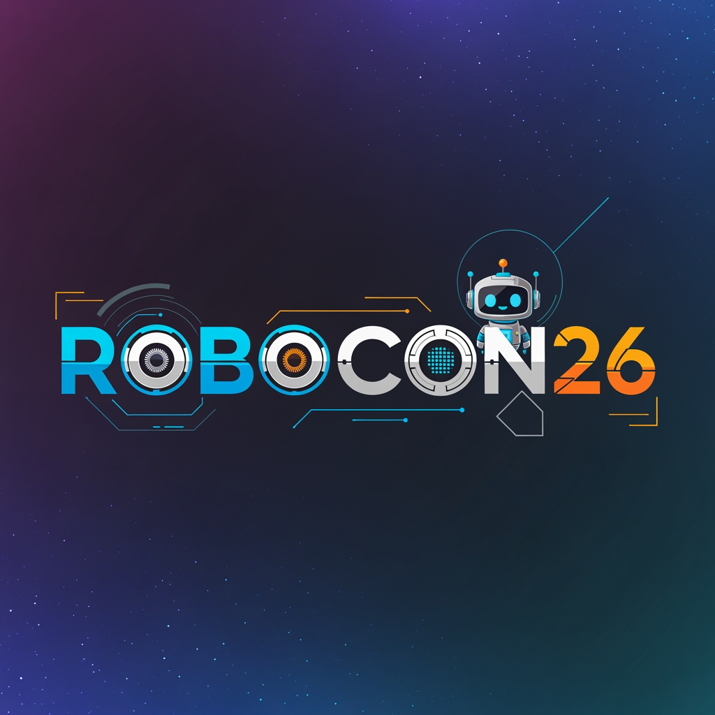 AI Design for Create a simple yet eye-catching logo design featuring the name "ROBOCON26." The logo should be clean and modern, with a futuristic or tech-inspired style that reflects innovation and robotics. Use bold, readable typography and incorporate subtle graphic elements or shapes that suggest robotics or technology without overwhelming the design. Keep the color palette minimal but striking to ensure the logo stands out and remains versatile for various uses.Add with cute mascot and make the pic more fitting and eye catching and i dont prefer white blank background