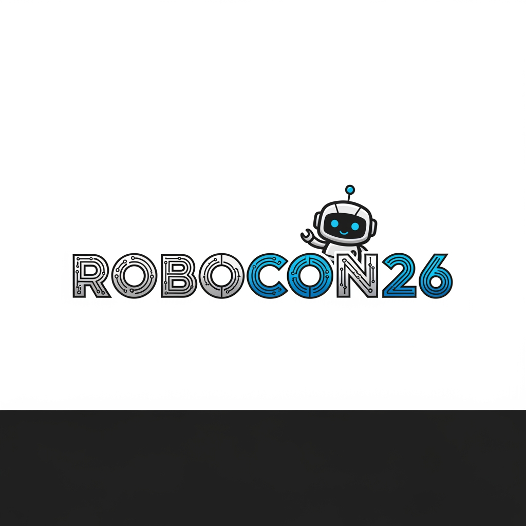 AI Design for Create a simple yet eye-catching logo design featuring the name "ROBOCON26." The logo should be clean and modern, with a futuristic or tech-inspired style that reflects innovation and robotics. Use bold, readable typography and incorporate subtle graphic elements or shapes that suggest robotics or technology without overwhelming the design. Keep the color palette minimal but striking to ensure the logo stands out and remains versatile for various uses.Add with cute mascot