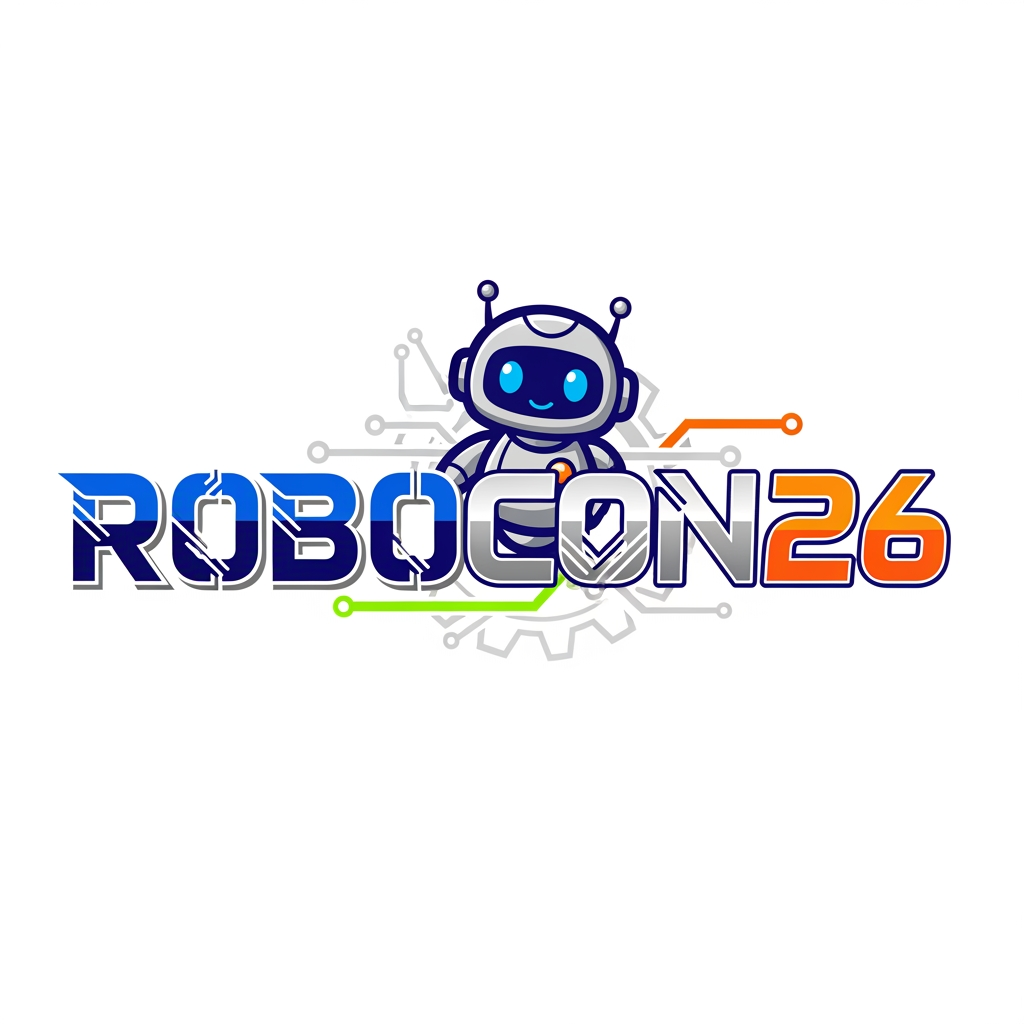 AI Design for Create a simple yet eye-catching logo design featuring the name "ROBOCON26." The logo should be clean and modern, with a futuristic or tech-inspired style that reflects innovation and robotics. Use bold, readable typography and incorporate subtle graphic elements or shapes that suggest robotics or technology without overwhelming the design. Keep the color palette minimal but striking to ensure the logo stands out and remains versatile for various uses.Add with cute mascot and make the pic more fitting and eye catching