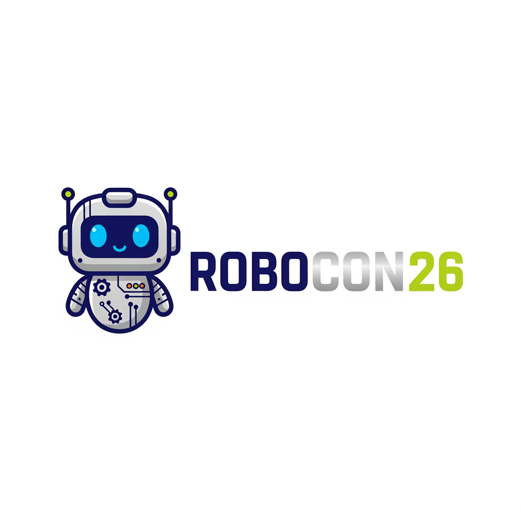AI Design for Create a simple yet eye-catching logo design featuring the name "ROBOCON26." The logo should be clean and modern, with a futuristic or tech-inspired style that reflects innovation and robotics. Use bold, readable typography and incorporate subtle graphic elements or shapes that suggest robotics or technology without overwhelming the design. Keep the color palette minimal but striking to ensure the logo stands out and remains versatile for various uses.Add with cute mascot