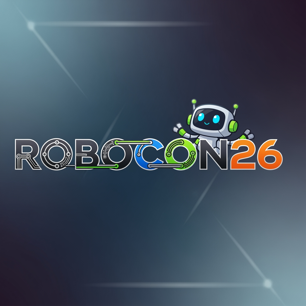AI Design for Create a simple yet eye-catching logo design featuring the name "ROBOCON26." The logo should be clean and modern, with a futuristic or tech-inspired style that reflects innovation and robotics. Use bold, readable typography and incorporate subtle graphic elements or shapes that suggest robotics or technology without overwhelming the design. Keep the color palette minimal but striking to ensure the logo stands out and remains versatile for various uses.Add with cute mascot and make the pic more fitting and eye catching and i dont prefer white blank background