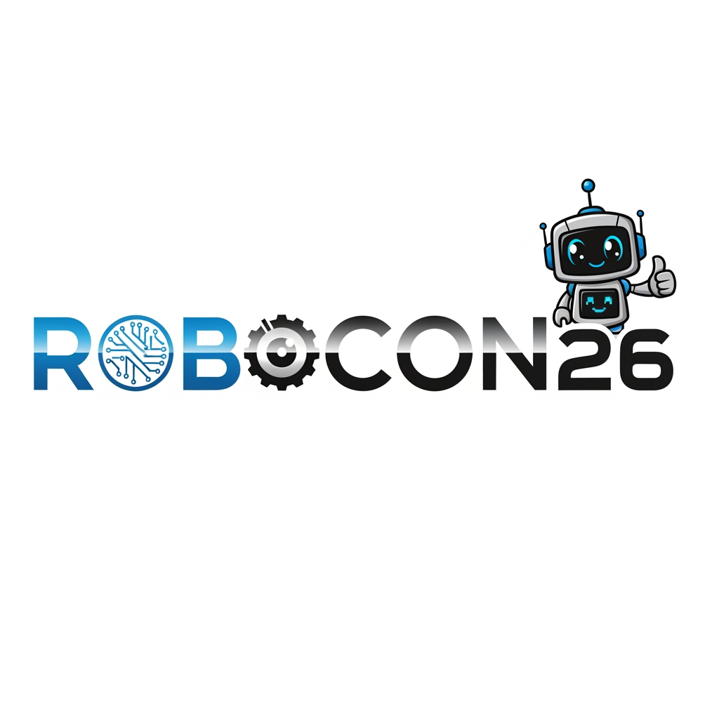 AI Design for Create a simple yet eye-catching logo design featuring the name "ROBOCON26." The logo should be clean and modern, with a futuristic or tech-inspired style that reflects innovation and robotics. Use bold, readable typography and incorporate subtle graphic elements or shapes that suggest robotics or technology without overwhelming the design. Keep the color palette minimal but striking to ensure the logo stands out and remains versatile for various uses.Add with cute mascot and make the pic more fitting and eye catching