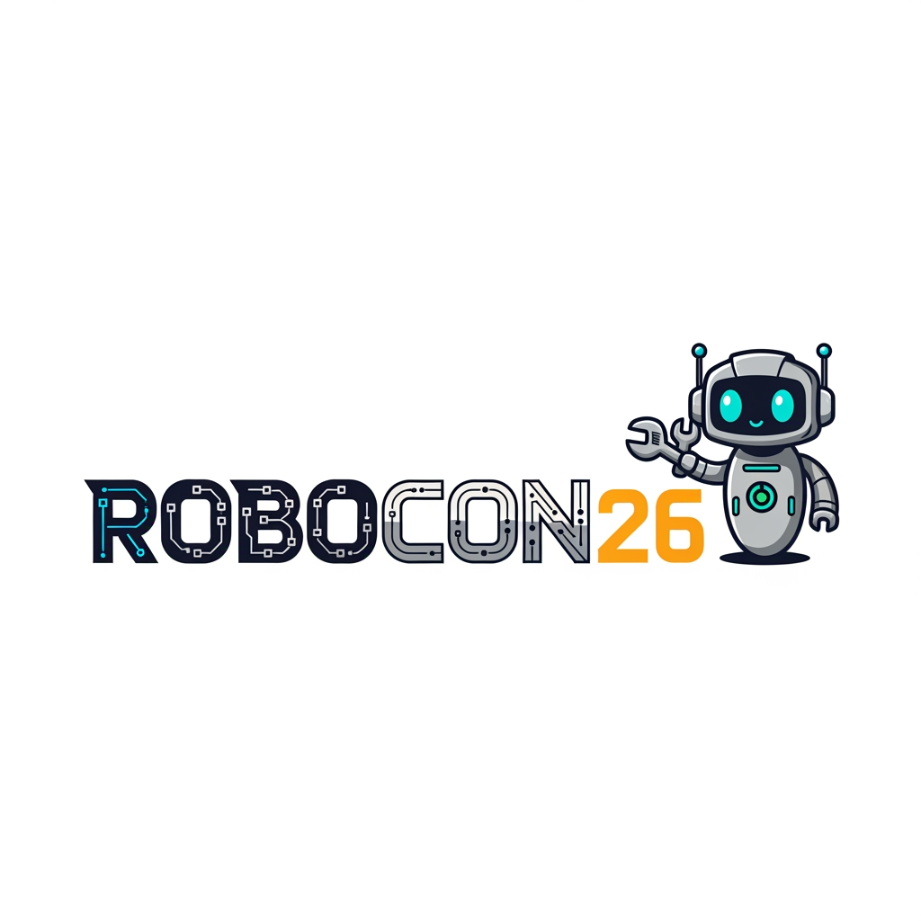 AI Design for Create a simple yet eye-catching logo design featuring the name "ROBOCON26." The logo should be clean and modern, with a futuristic or tech-inspired style that reflects innovation and robotics. Use bold, readable typography and incorporate subtle graphic elements or shapes that suggest robotics or technology without overwhelming the design. Keep the color palette minimal but striking to ensure the logo stands out and remains versatile for various uses.Add with cute mascot and make the pic more fitting and eye catching