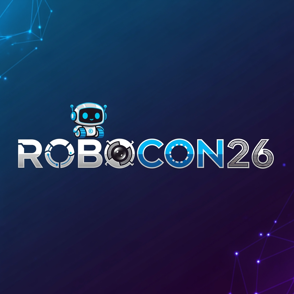 AI Design for Create a simple yet eye-catching logo design featuring the name "ROBOCON26." The logo should be clean and modern, with a futuristic or tech-inspired style that reflects innovation and robotics. Use bold, readable typography and incorporate subtle graphic elements or shapes that suggest robotics or technology without overwhelming the design. Keep the color palette minimal but striking to ensure the logo stands out and remains versatile for various uses.Add with cute mascot and make the pic more fitting and eye catching and i dont prefer white blank background