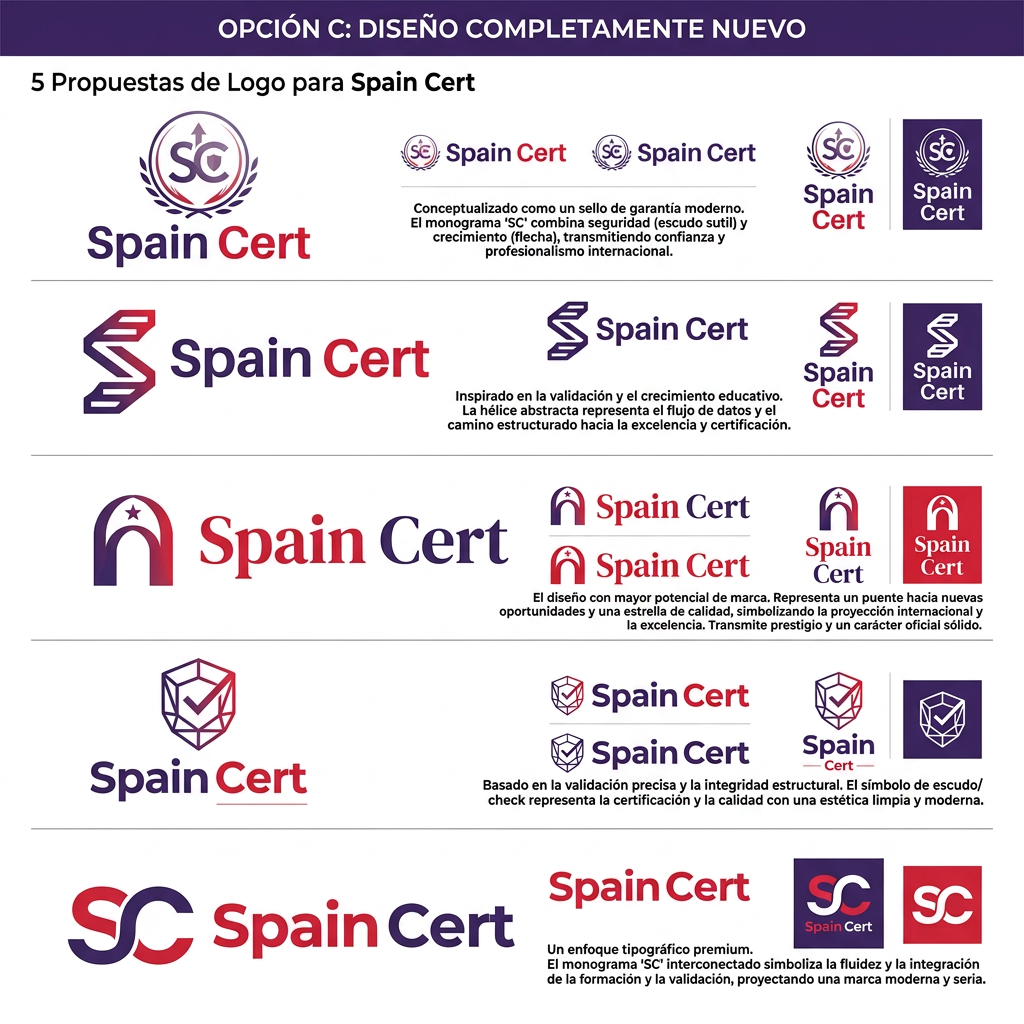 AI Design for Opción C: Diseño completamente nuevo
Crea 5 propuestas de logo para Spain Cert partiendo desde cero, sin basarte en el logo actual de Salón Examos ni en el de Romania Cert.
Objetivo
Desarrollar una identidad visual propia para Spain Cert que pueda convertirse en la marca principal de la empresa a largo plazo.
Conceptos a transmitir
Certificación.
Formación y educación.
Confianza.
Profesionalidad.
Prestigio.
Calidad.
Reconocimiento oficial.
Proyección internacional.
Requisitos
Mantener los colores corporativos actuales.
Diseño moderno, limpio y atemporal.
Evitar elementos demasiado complejos o difíciles de reproducir.
Debe funcionar bien tanto en tamaños pequeños como grandes.
Debe ser fácilmente reconocible en web, redes sociales, documentación, certificados y material corporativo.
Libertad creativa
Explora diferentes enfoques visuales, por ejemplo:
Logotipos tipográficos (basados en las iniciales SC).
Símbolos abstractos.
Escudos o sellos modernos de certificación.
Elementos geométricos que representen validación, crecimiento o excelencia.
Isotipos minimalistas que puedan utilizarse de forma independiente al nombre.
Combinaciones de símbolo + texto.
Diseños premium orientados a una marca internacional.
Entregables
Genera al menos:
5 conceptos completamente diferentes entre sí.
Breve explicación estratégica de cada uno.
Versión horizontal y versión cuadrada.
Versión a color y monocromática.
Indicación de cuál tendría mayor potencial para convertirse en una marca fuerte y reconocible.
Importante
No te limites a adaptar los logos existentes. Quiero propuestas que puedan superar visualmente a las marcas actuales y posicionar a Spain Cert como una empresa moderna, sólida y referente en su sector.