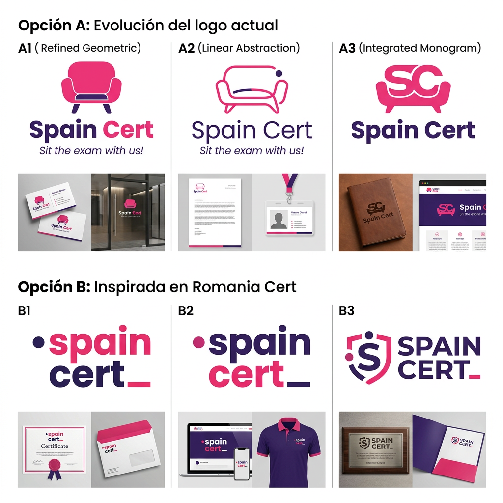 AI Design for Quiero rediseñar el logo de mi empresa. Contexto Nombre actual de la empresa: Salón Examos. Nuevo nombre: Spain Cert. Adjunto el logo actual de Salón Examos y el logo de Romania Cert como referencias. Los colores corporativos deben mantenerse exactamente igual que en el logo actual. La empresa Spain Cert realizará la misma actividad que Romania Cert, pero en España. Lo que necesito Diseña varias propuestas de logo para Spain Cert, agrupadas en dos líneas creativas: Opción A: Evolución del logo actual Mantener una estética muy similar al logo actual de Salón Examos. Conservar el concepto del sofá/sillón (o una reinterpretación moderna del mismo), ya que está asociado a otra empresa del grupo llamada Salón de Idiomas. Sustituir únicamente el nombre por Spain Cert. Modernizar el diseño para que se vea más profesional, limpio y actual. Opción B: Inspirada en Romania Cert Crear varias propuestas basadas en el estilo visual del logo de Romania Cert. Deben transmitir certificación, confianza, profesionalidad, educación y reconocimiento oficial. Adaptar el concepto al mercado español. Entregables Genera al menos: 3 propuestas de la línea A (evolución del logo actual). 3 propuestas de la línea B (inspiradas en Romania Cert). Versiones en color y como inagen, ya adptaré yo luego el elegido. Estilo deseado Profesional. Moderno. Minimalista. Fácil de reconocer y recordar. Transmita confianza, certificación y prestigio.