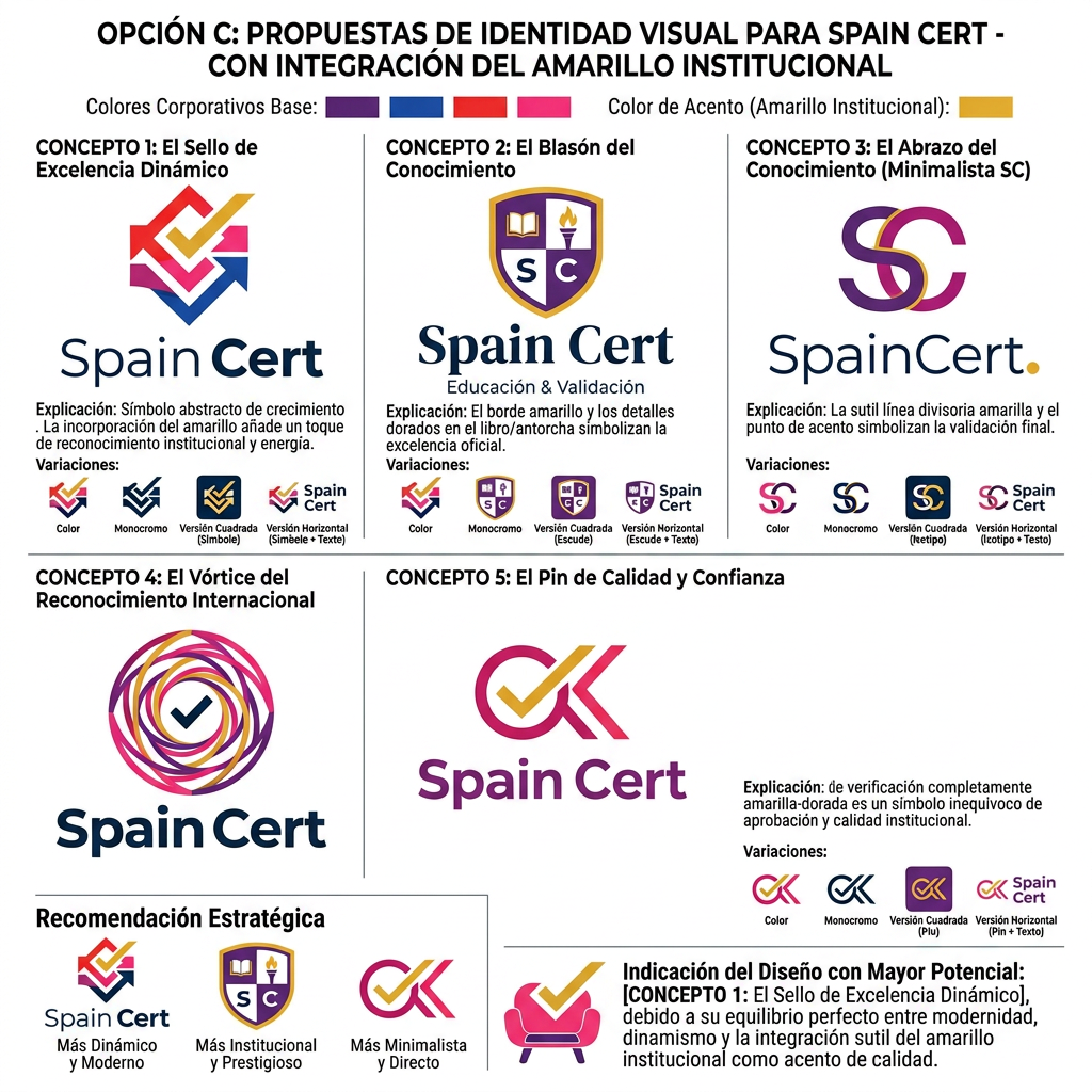 AI Design for Opción C: DiUso del color amarillo de España
En todas las propuestas de logo (las inspiradas en Salón Examos, las inspiradas en Romania Cert y las propuestas completamente nuevas), incorpora de forma elegante y profesional algún tono de amarillo inspirado en la bandera de España.
Requisitos
Mantener los colores corporativos actuales como base principal.
Introducir el amarillo como color secundario o de acento estratégico.
El amarillo puede aparecer en:
Detalles del isotipo.
Elementos de certificación o validación.
Partes de las iniciales "SC".
Líneas, marcos o recursos gráficos.
Elementos inspirados sutilmente en España.
Importante
Evitar que el amarillo domine el diseño.
No utilizar una representación literal o excesiva de la bandera española.
Buscar una integración elegante, moderna y premium.
El resultado debe transmitir profesionalidad, confianza, calidad y reconocimiento institucional.seño completamente nuevo
Crea 5 propuestas de logo para Spain Cert partiendo desde cero, sin basarte en el logo actual de Salón Examos ni en el de Romania Cert.
Objetivo
Desarrollar una identidad visual propia para Spain Cert que pueda convertirse en la marca principal de la empresa a largo plazo.
Conceptos a transmitir
Certificación.
Formación y educación.
Confianza.
Profesionalidad.
Prestigio.
Calidad.
Reconocimiento oficial.
Proyección internacional.
Requisitos
Mantener los colores corporativos actuales.
Diseño moderno, limpio y atemporal.
Evitar elementos demasiado complejos o difíciles de reproducir.
Debe funcionar bien tanto en tamaños pequeños como grandes.
Debe ser fácilmente reconocible en web, redes sociales, documentación, certificados y material corporativo.
Libertad creativa
Explora diferentes enfoques visuales, por ejemplo:
Logotipos tipográficos (basados en las iniciales SC).
Símbolos abstractos.
Escudos o sellos modernos de certificación.
Elementos geométricos que representen validación, crecimiento o excelencia.
Isotipos minimalistas que puedan utilizarse de forma independiente al nombre.
Combinaciones de símbolo + texto.
Diseños premium orientados a una marca internacional.
Entregables
Genera al menos:
5 conceptos completamente diferentes entre sí.
Breve explicación estratégica de cada uno.
Versión horizontal y versión cuadrada.
Versión a color y monocromática.
Indicación de cuál tendría mayor potencial para convertirse en una marca fuerte y reconocible.
Importante
No te limites a adaptar los logos existentes. Quiero propuestas que puedan superar visualmente a las marcas actuales y posicionar a Spain Cert como una empresa moderna, sólida y referente en su sector.