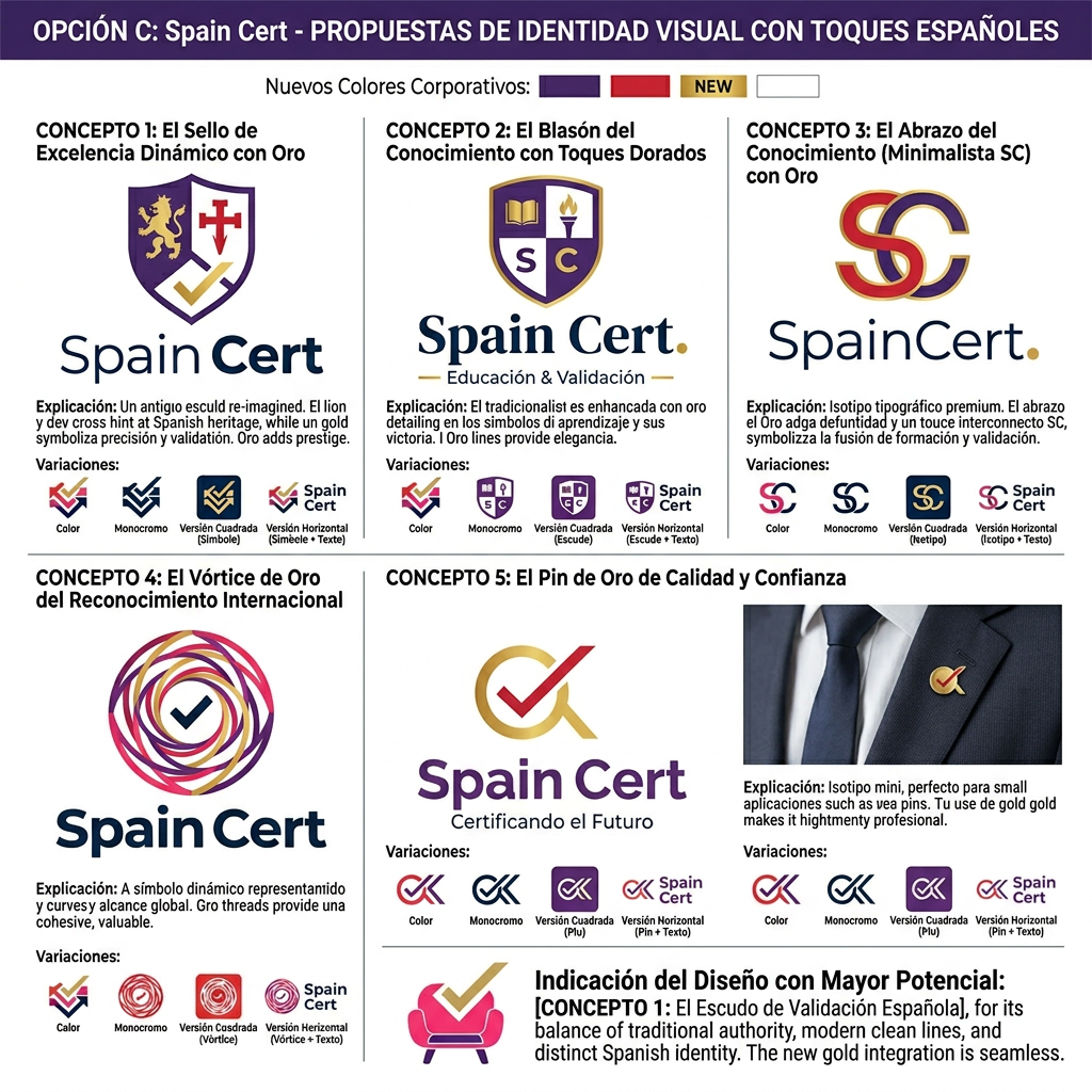 AI Design for Opción C: DiUso del color amarillo de España
En todas las propuestas de logo (las inspiradas en Salón Examos, las inspiradas en Romania Cert y las propuestas completamente nuevas), incorpora de forma elegante y profesional algún tono de amarillo inspirado en la bandera de España.
Requisitos
Mantener los colores corporativos actuales como base principal.
Introducir el amarillo como color secundario o de acento estratégico.
El amarillo puede aparecer en:
Detalles del isotipo.
Elementos de certificación o validación.
Partes de las iniciales "SC".
Líneas, marcos o recursos gráficos.
Elementos inspirados sutilmente en España.
Importante
Evitar que el amarillo domine el diseño.
No utilizar una representación literal o excesiva de la bandera española.
Buscar una integración elegante, moderna y premium.
El resultado debe transmitir profesionalidad, confianza, calidad y reconocimiento institucional.seño completamente nuevo
Crea 5 propuestas de logo para Spain Cert partiendo desde cero, sin basarte en el logo actual de Salón Examos ni en el de Romania Cert.
Objetivo
Desarrollar una identidad visual propia para Spain Cert que pueda convertirse en la marca principal de la empresa a largo plazo.
Conceptos a transmitir
Certificación.
Formación y educación.
Confianza.
Profesionalidad.
Prestigio.
Calidad.
Reconocimiento oficial.
Proyección internacional.
Requisitos
Mantener los colores corporativos actuales.
Diseño moderno, limpio y atemporal.
Evitar elementos demasiado complejos o difíciles de reproducir.
Debe funcionar bien tanto en tamaños pequeños como grandes.
Debe ser fácilmente reconocible en web, redes sociales, documentación, certificados y material corporativo.
Libertad creativa
Explora diferentes enfoques visuales, por ejemplo:
Logotipos tipográficos (basados en las iniciales SC).
Símbolos abstractos.
Escudos o sellos modernos de certificación.
Elementos geométricos que representen validación, crecimiento o excelencia.
Isotipos minimalistas que puedan utilizarse de forma independiente al nombre.
Combinaciones de símbolo + texto.
Diseños premium orientados a una marca internacional.
Entregables
Genera al menos:
5 conceptos completamente diferentes entre sí.
Breve explicación estratégica de cada uno.
Versión horizontal y versión cuadrada.
Versión a color y monocromática.
Indicación de cuál tendría mayor potencial para convertirse en una marca fuerte y reconocible.
Importante
No te limites a adaptar los logos existentes. Quiero propuestas que puedan superar visualmente a las marcas actuales y posicionar a Spain Cert como una empresa moderna, sólida y referente en su sector.