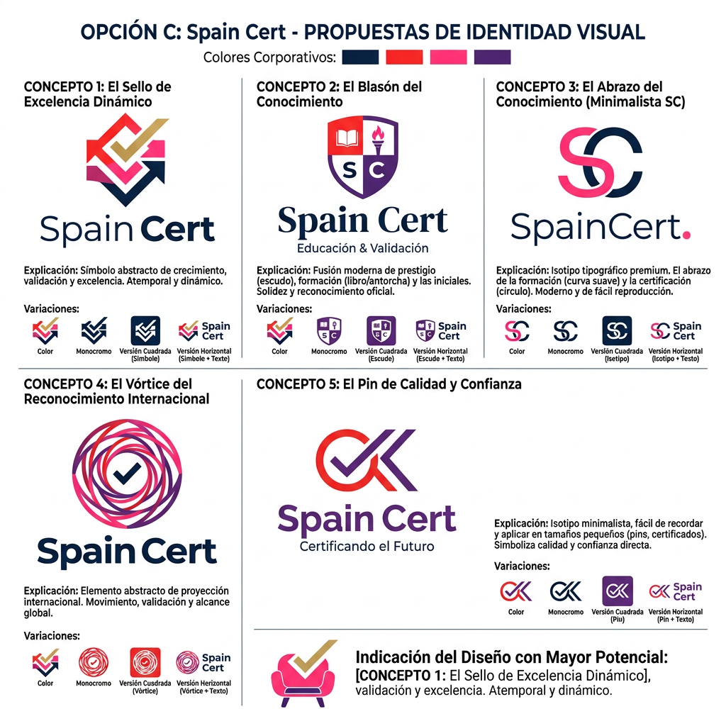 AI Design for Opción C: Diseño completamente nuevo
Crea 5 propuestas de logo para Spain Cert partiendo desde cero, sin basarte en el logo actual de Salón Examos ni en el de Romania Cert.
Objetivo
Desarrollar una identidad visual propia para Spain Cert que pueda convertirse en la marca principal de la empresa a largo plazo.
Conceptos a transmitir
Certificación.
Formación y educación.
Confianza.
Profesionalidad.
Prestigio.
Calidad.
Reconocimiento oficial.
Proyección internacional.
Requisitos
Mantener los colores corporativos actuales.
Diseño moderno, limpio y atemporal.
Evitar elementos demasiado complejos o difíciles de reproducir.
Debe funcionar bien tanto en tamaños pequeños como grandes.
Debe ser fácilmente reconocible en web, redes sociales, documentación, certificados y material corporativo.
Libertad creativa
Explora diferentes enfoques visuales, por ejemplo:
Logotipos tipográficos (basados en las iniciales SC).
Símbolos abstractos.
Escudos o sellos modernos de certificación.
Elementos geométricos que representen validación, crecimiento o excelencia.
Isotipos minimalistas que puedan utilizarse de forma independiente al nombre.
Combinaciones de símbolo + texto.
Diseños premium orientados a una marca internacional.
Entregables
Genera al menos:
5 conceptos completamente diferentes entre sí.
Breve explicación estratégica de cada uno.
Versión horizontal y versión cuadrada.
Versión a color y monocromática.
Indicación de cuál tendría mayor potencial para convertirse en una marca fuerte y reconocible.
Importante
No te limites a adaptar los logos existentes. Quiero propuestas que puedan superar visualmente a las marcas actuales y posicionar a Spain Cert como una empresa moderna, sólida y referente en su sector.