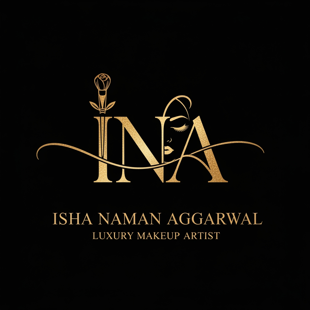 AI Design for Create an elegant luxury logo for "Isha Naman Aggarwal" with the initials INA as the main monogram. Use a sophisticated feminine style with flowing custom lettering, premium gold foil effect, and a minimalist luxury aesthetic. Incorporate subtle beauty elements such as a makeup brush stroke, elegant face silhouette, eyelashes, or a delicate floral accent. Place "Luxury Makeup Artist" below the name in a refined serif font. Use a black background with metallic gold detailing for a high-end bridal makeup brand. The logo should be clean, timeless, professional, and suitable for Instagram, business cards, beauty studio signage, packaging, and bridal branding. Vector style, ultra-sharp, luxury beauty industry branding, premium and modern.