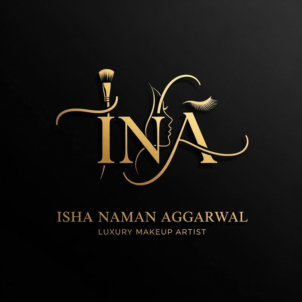 AI Design for Create an elegant luxury logo for "Isha Naman Aggarwal" with the initials INA as the main monogram. Use a sophisticated feminine style with flowing custom lettering, premium gold foil effect, and a minimalist luxury aesthetic. Incorporate subtle beauty elements such as a makeup brush stroke, elegant face silhouette, eyelashes, or a delicate floral accent. Place "Luxury Makeup Artist" below the name in a refined serif font. Use a black background with metallic gold detailing for a high-end bridal makeup brand. The logo should be clean, timeless, professional, and suitable for Instagram, business cards, beauty studio signage, packaging, and bridal branding. Vector style, ultra-sharp, luxury beauty industry branding, premium and modern.