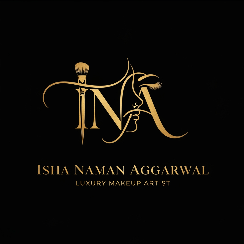 AI Design for Create an elegant luxury logo for "Isha Naman Aggarwal" with the initials INA as the main monogram. Use a sophisticated feminine style with flowing custom lettering, premium gold foil effect, and a minimalist luxury aesthetic. Incorporate subtle beauty elements such as a makeup brush stroke, elegant face silhouette, eyelashes, or a delicate floral accent. Place "Luxury Makeup Artist" below the name in a refined serif font. Use a black background with metallic gold detailing for a high-end bridal makeup brand. The logo should be clean, timeless, professional, and suitable for Instagram, business cards, beauty studio signage, packaging, and bridal branding. Vector style, ultra-sharp, luxury beauty industry branding, premium and modern.