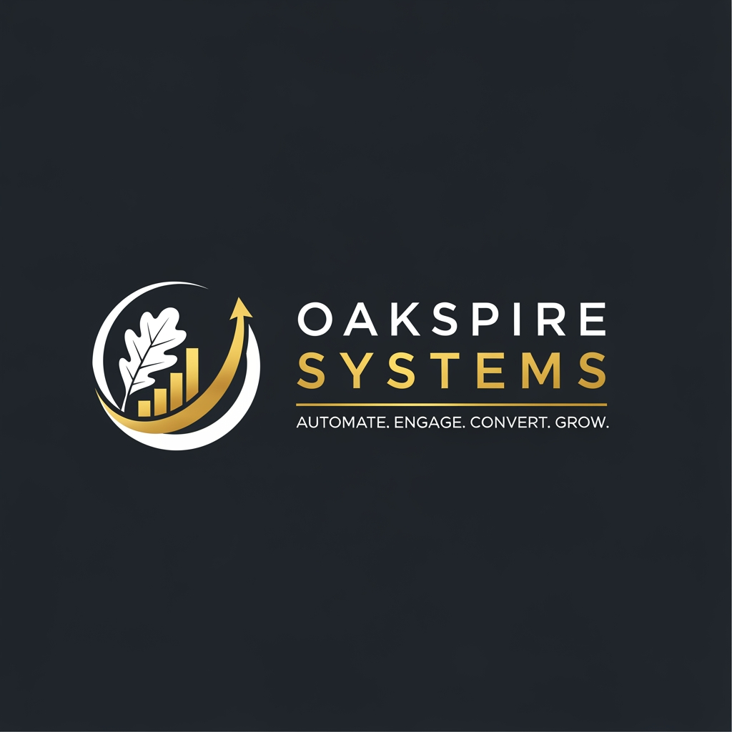 AI Design for A professional dark mode corporate logo on a flat, solid dark charcoal background (#1A1A1A). On the left is an elegant circular emblem: it contains a clean, stylized oak leaf in pure white, partially enclosed by a thin white crescent circle. Interlocking with the leaf is a sleek gold rising bar chart that curves upward into a gold arrow. To the right of the emblem, the wordmark reads "OAKSPIRE" in a bold, clean, modern white sans-serif font, followed immediately by "SYSTEMS" in a bright, metallic gold (#D4AF37). Beneath the main text, a thin gold line underlines the tagline "AUTOMATE. ENGAGE. CONVERT. GROW." in small, clean, white uppercase letters. Minimalist, premium, vector-style design with clean lines and perfect spelling, flat design, 8k resolution.